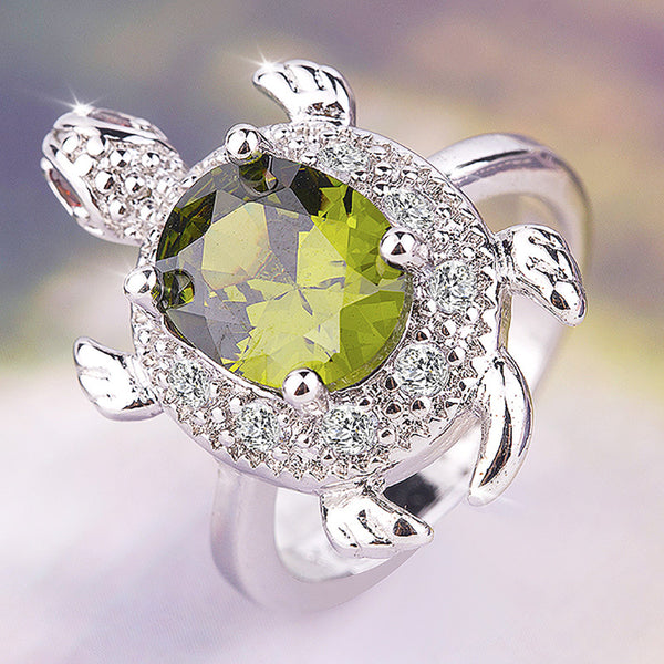 Olive Green Crystal Zircon Turtle Ring