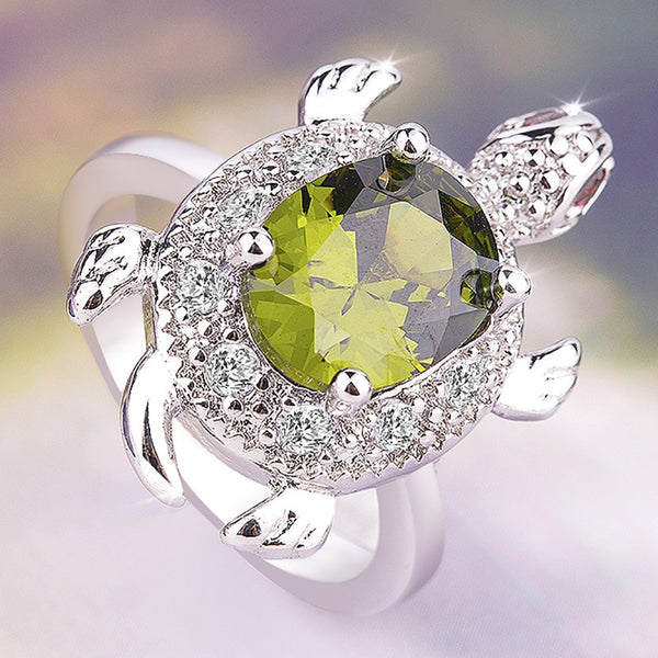 Olive Green Crystal Zircon Turtle Ring
