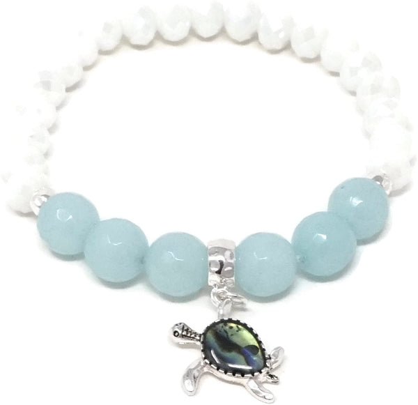 Sea Turtle Bead Abalone Charm Stretch Bracelet