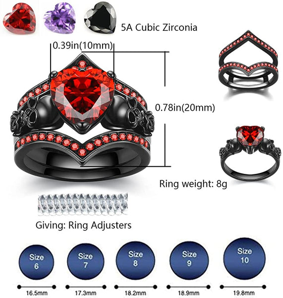 Gothic Black Rose Flower Skull Ring Set