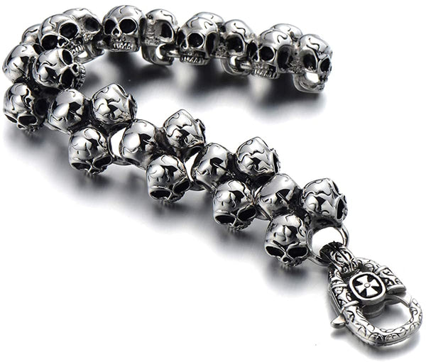 Gothic Large Stainless Steel Triple Skulls Bracelet for Men