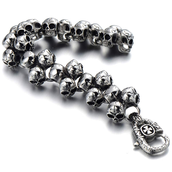 Gothic Large Stainless Steel Triple Skulls Bracelet for Men