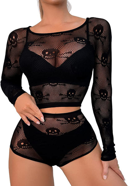 Skull Top And Panties Fishnet Lingerie Set