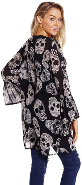 Women Skull Print Sheer Loose Kimono Cardigan Tops Blouse Cover up