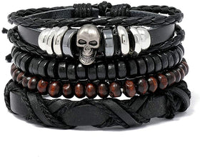 Skull Leather Wristband Braided Wrap Bangle Set Bracelet