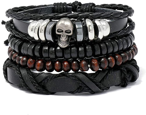 Skull Leather Wristband Braided Wrap Bangle Set Bracelet