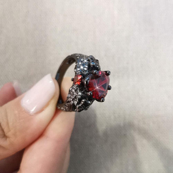 Crystal Heart Skull Ring