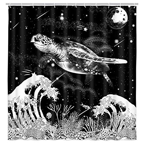 Sea Turtle Shower Curtain Black White With Hooks, 69X70IN