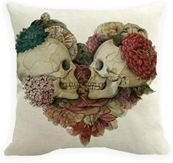 Skull Heart Couple Skeleton Head Throw Pillowcase Size (20x20 Inch)