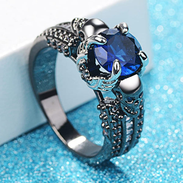 Blue Stone Gothic Skull Angel Wings Ring