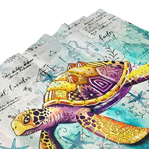 Nautical Map Sea Turtle Bath Curtain with 12 Hooks