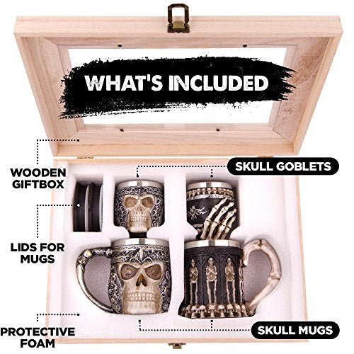 Skull Stein And Goblet Set With Stainless Steel Lining In A Wood Crate - Set of 4