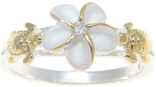 Sterling Silver 925 Hawaiian Plumeria Flower Turtle Ring