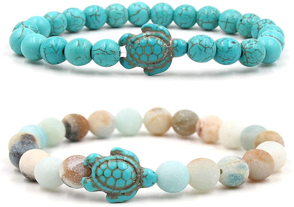 2pcs Natural Stone Elastic Sea Turtles Beads Bracelets