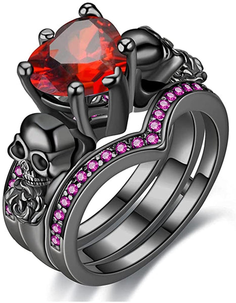Gothic Black Rose Flower Skull Ring Set