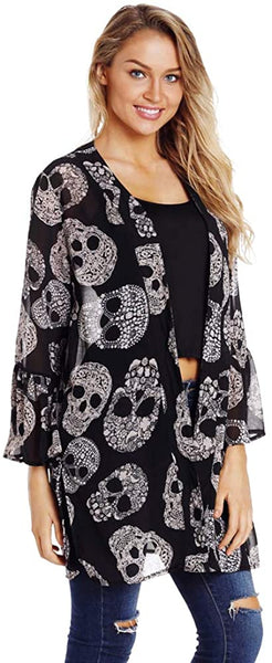 Women Skull Print Sheer Loose Kimono Cardigan Tops Blouse Cover up