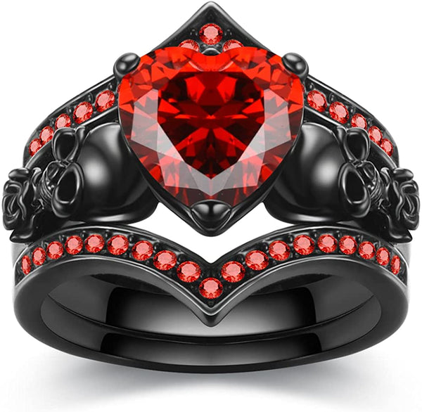 Gothic Black Rose Flower Skull Ring Set