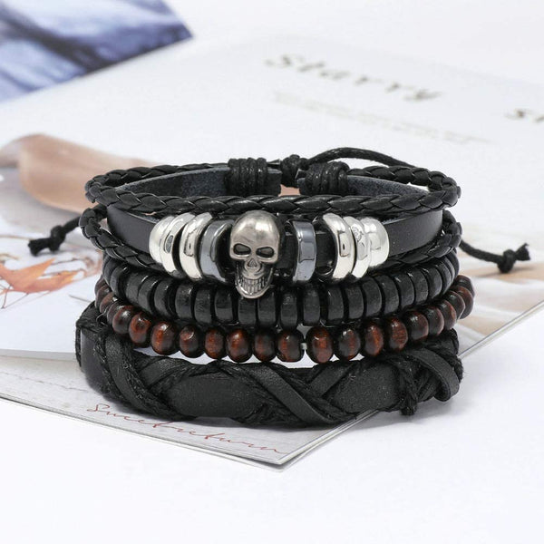 Skull Leather Wristband Braided Wrap Bangle Set Bracelet