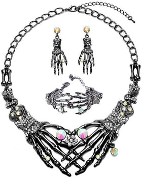 Gothic Skull Skeleton Adjustable Choker Necklace Earrings Bracelets Set