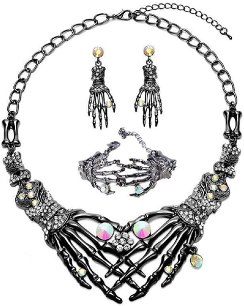 Gothic Skull Skeleton Adjustable Choker Necklace Earrings Bracelets Set