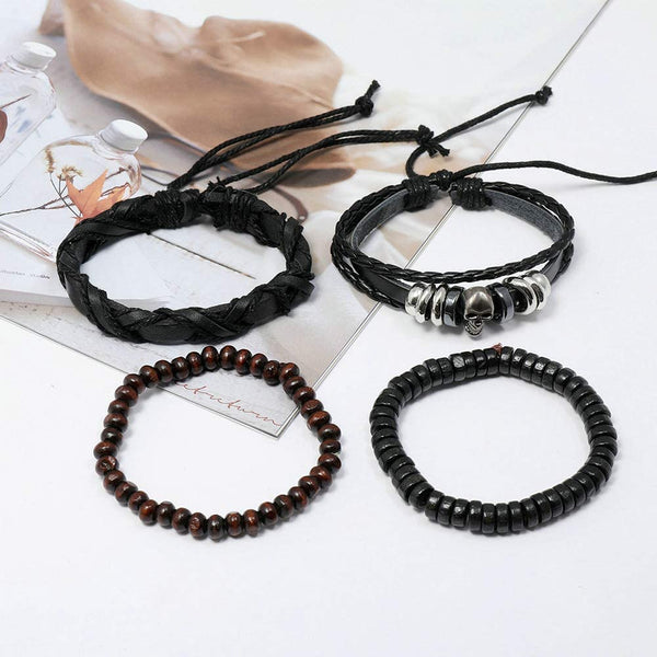 Skull Leather Wristband Braided Wrap Bangle Set Bracelet