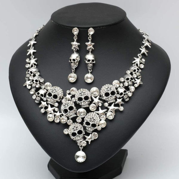 Vintage Skull Crystal Statement Necklace Earrings Set