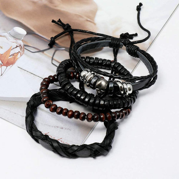 Skull Leather Wristband Braided Wrap Bangle Set Bracelet