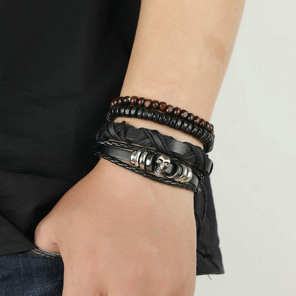Skull Leather Wristband Braided Wrap Bangle Set Bracelet