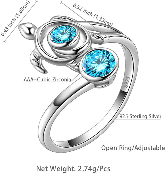 Spiral 925 Sterling Silver Sea Turtle Birthstone Adjustable Ring