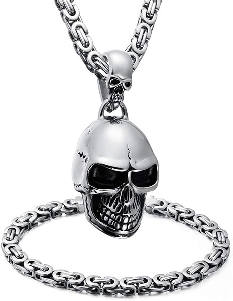 Men Stainless Skull Pendant Necklace Bracelet Set