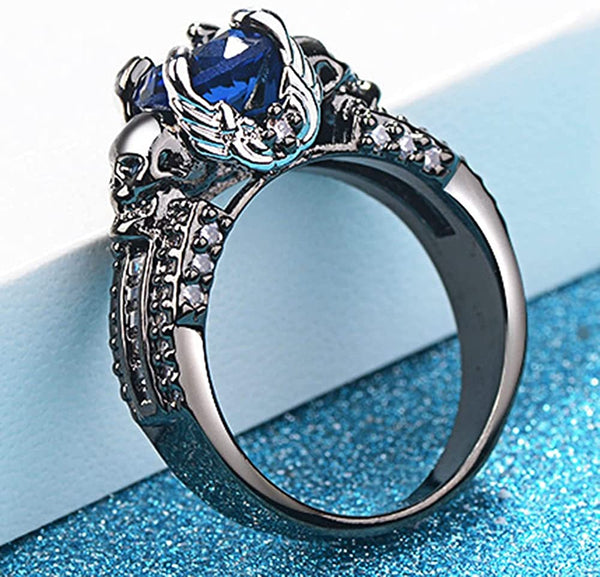 Blue Stone Gothic Skull Angel Wings Ring