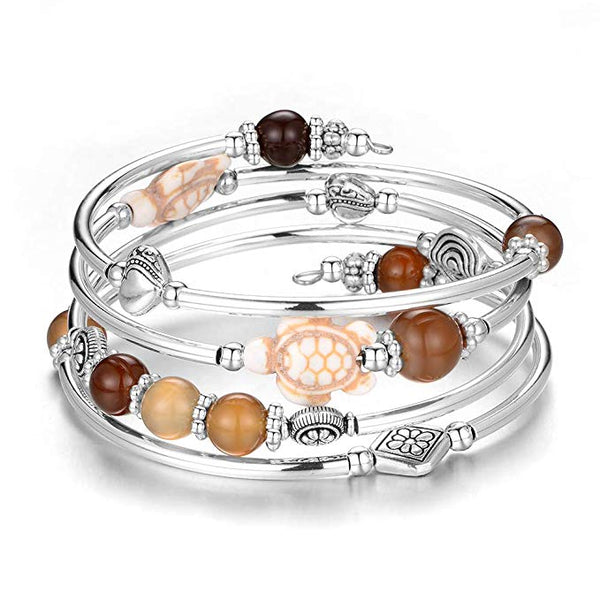 Natural Agate Stone Layered Wrap Turtle Bracelet