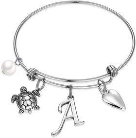 Letter A-Z Initial Sea Turtle Heart Charm Bracelets