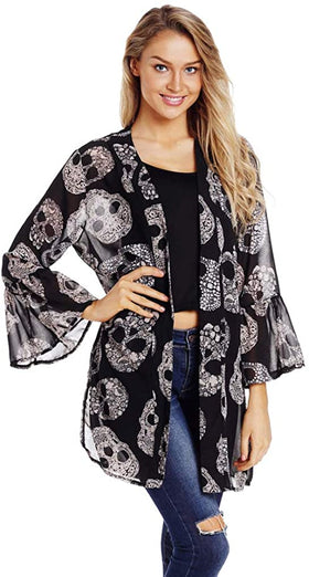 Women Skull Print Sheer Loose Kimono Cardigan Tops Blouse Cover up