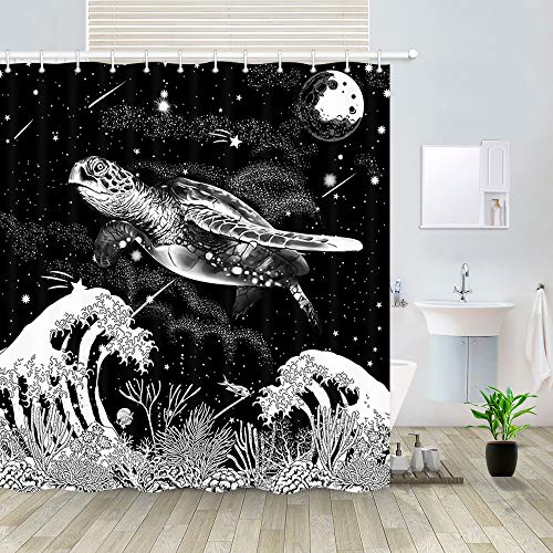 Sea Turtle Shower Curtain Black White With Hooks, 69X70IN
