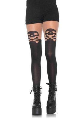 Skull Cross Bone Spandex Opaque Tights with Sheer Thigh Accent