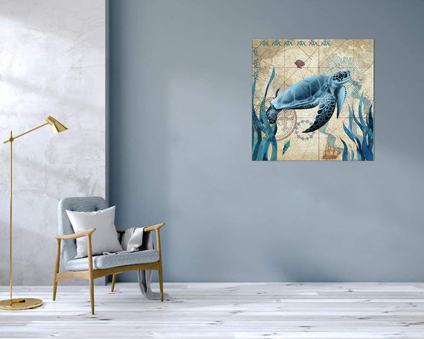 Sea Turtle Teal Framed Wall Art Decor 16x16