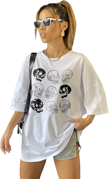 Women Skull Print Round Neck Half Sleeve Graphic Shirt