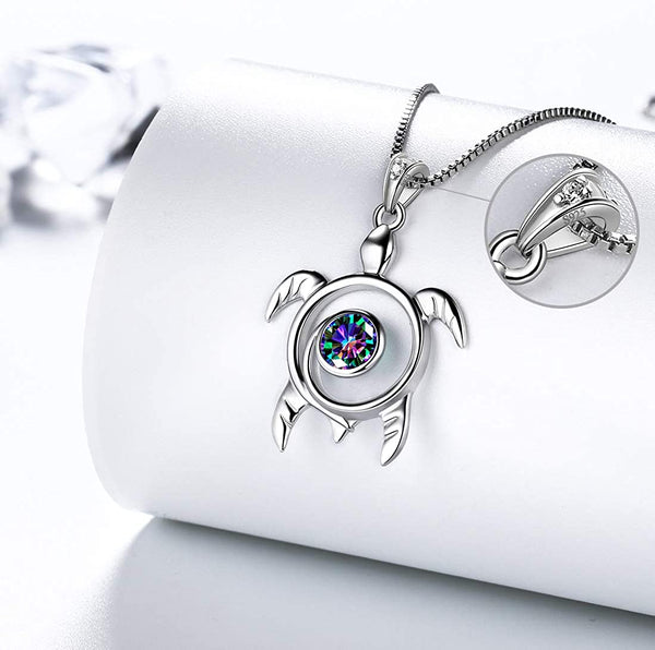 Spiral 925 Sterling Silver Sea Turtle Birthstone Necklace