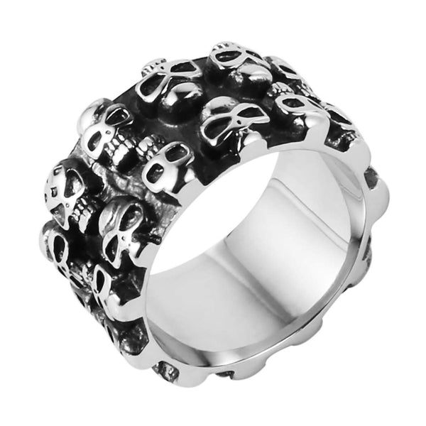 Stainless Steel Men Black and Silver Skull Heads Ring