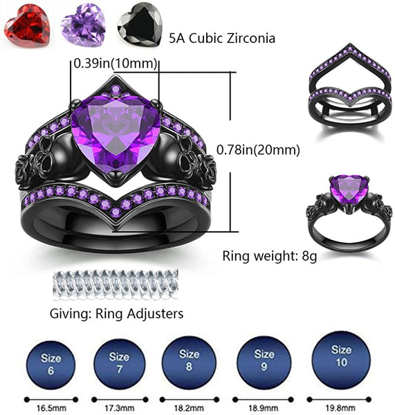 Gothic Black Rose Flower Skull Ring Set