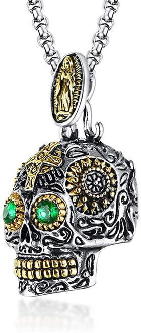 Men Stainless Steel Sugar Skull Pendant Necklace