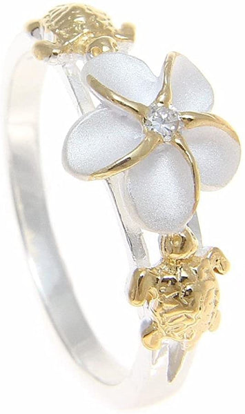Sterling Silver 925 Hawaiian Plumeria Flower Turtle Ring