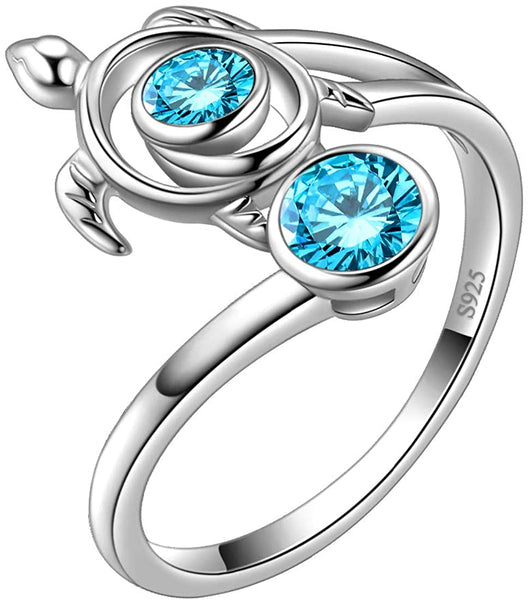 Spiral 925 Sterling Silver Sea Turtle Birthstone Adjustable Ring