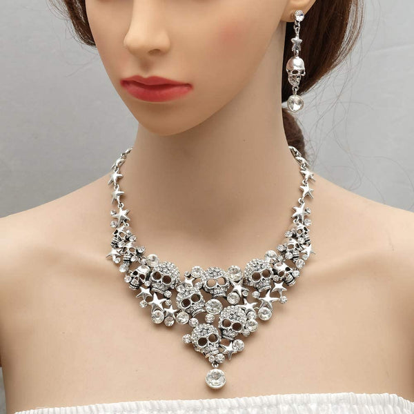 Vintage Skull Crystal Statement Necklace Earrings Set