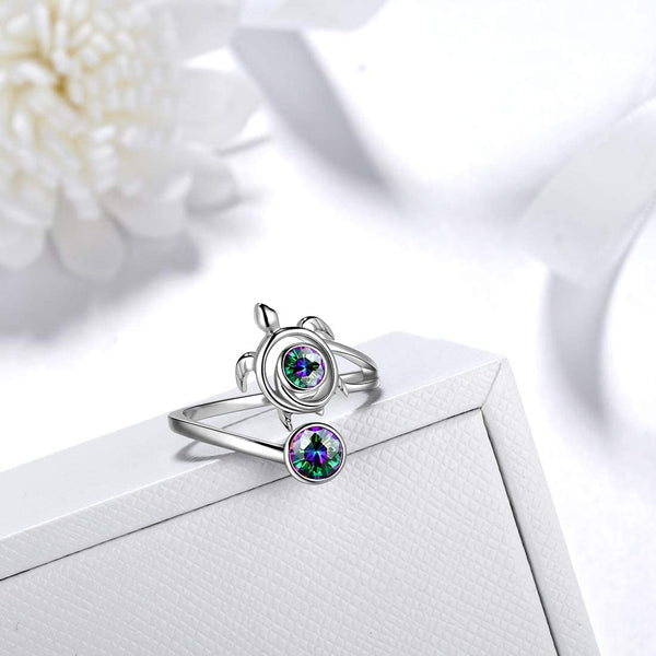 Spiral 925 Sterling Silver Sea Turtle Birthstone Adjustable Ring