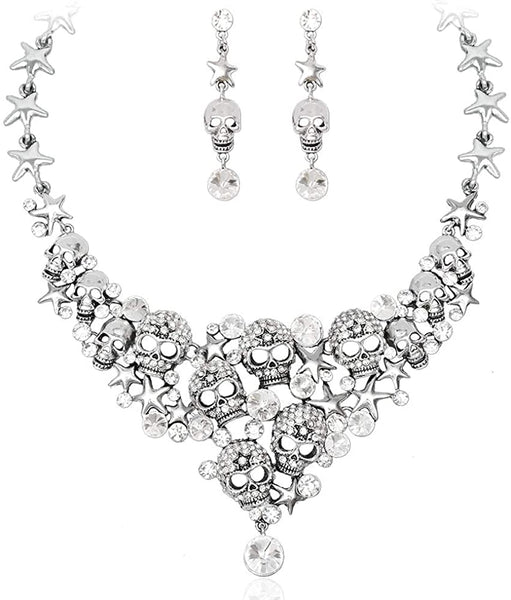 Vintage Skull Crystal Statement Necklace Earrings Set
