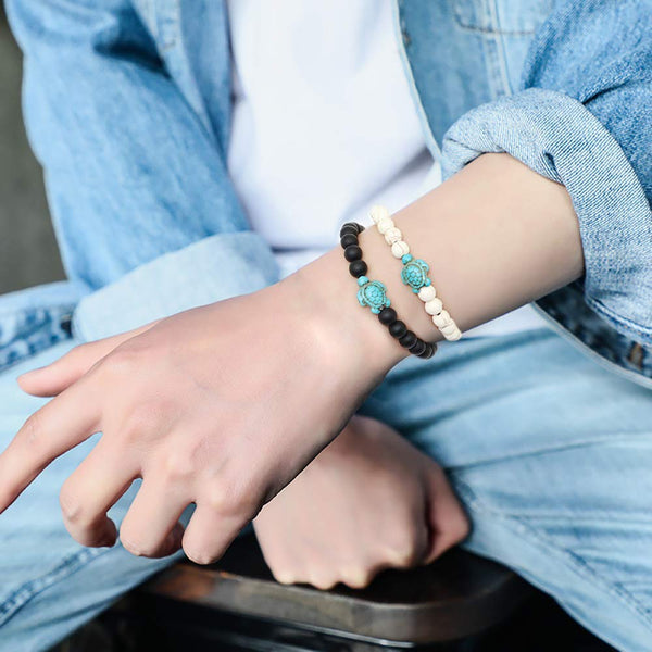 2PCS Natural Stone Sea Turtle Elastic Beads Bracelets