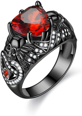 Gothic Fashion Black Skull Heart Ruby Ring