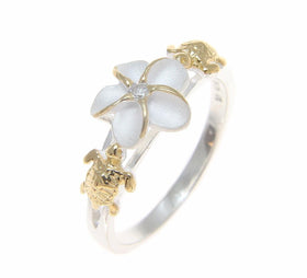 Sterling Silver 925 Hawaiian Plumeria Flower Turtle Ring